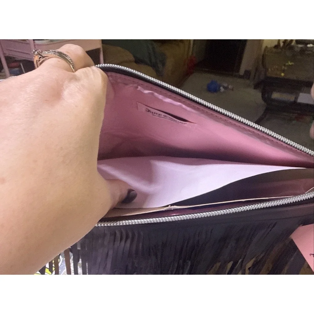 Juicy Couture Black Faux Leather Fringe Cosmetic Bag Pouch Travel Organizer